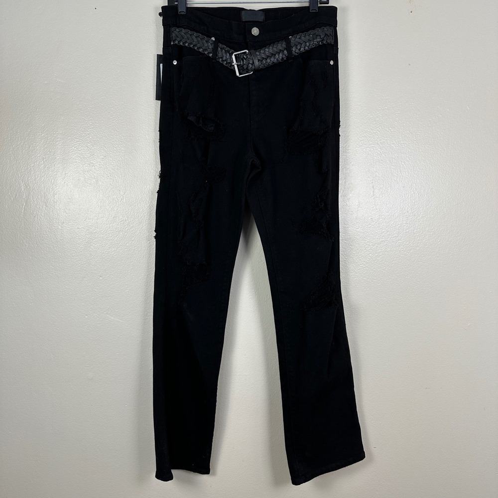 RtA Men's M Dexter Jeans Black Distressed Ripped Braided Leather Belt WF22D280